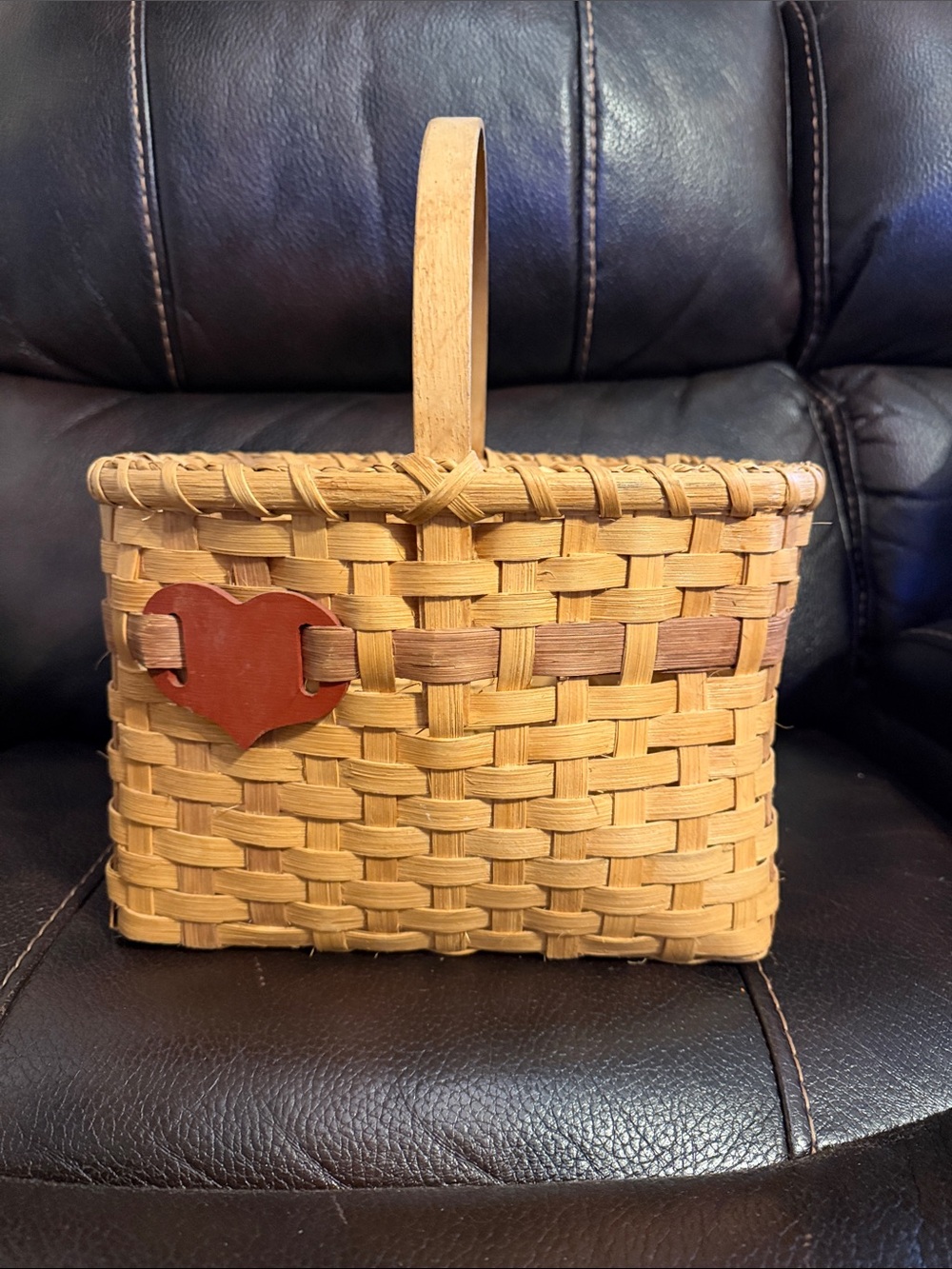 Primitive Handwoven Natural Wicker Gathering Basket with Red Heart Accent